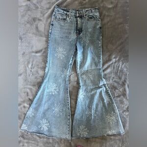 Flare blue jeans with white flowers, unique jeans size 2, perfect condition
